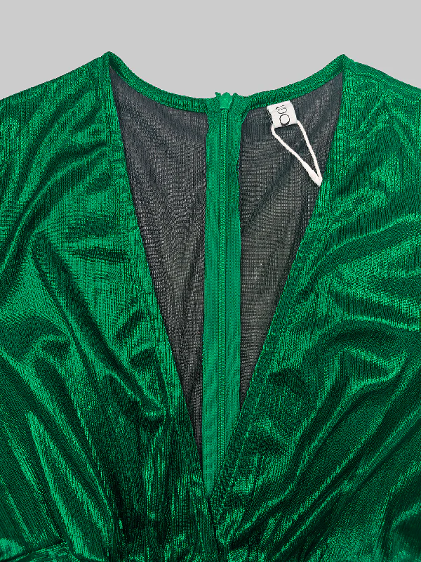 High Waisted Three-Quarter Sleeves Shiny Solid Color Deep V-Neck Jumpsuits Bottoms - Image 23