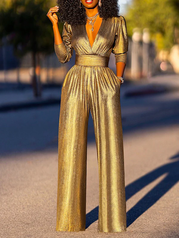High Waisted Three-Quarter Sleeves Shiny Solid Color Deep V-Neck Jumpsuits Bottoms - Image 6