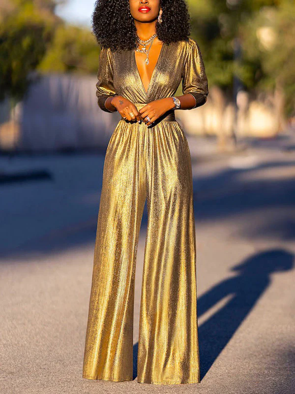 High Waisted Three-Quarter Sleeves Shiny Solid Color Deep V-Neck Jumpsuits Bottoms - Image 7