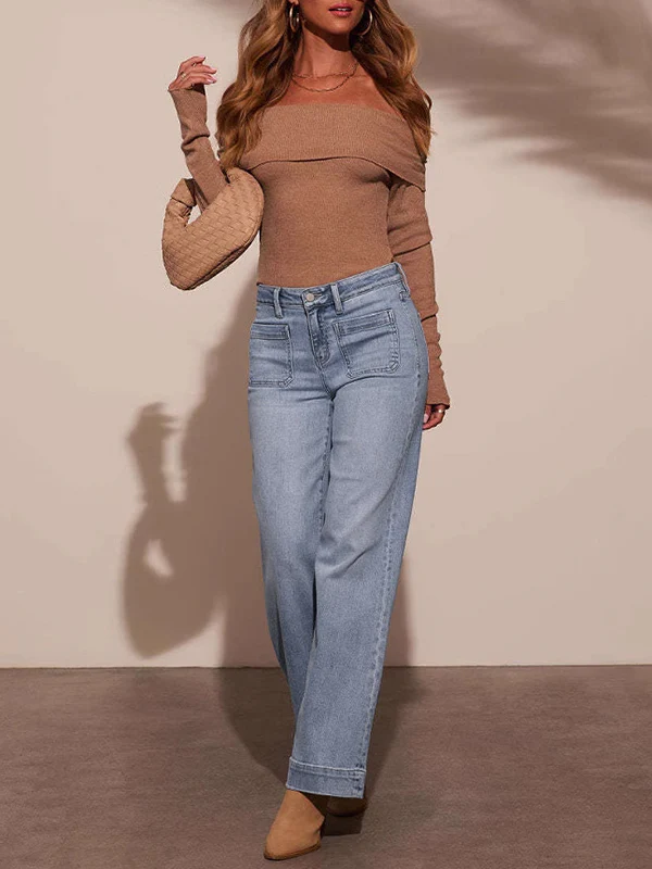 High Waisted Wide Leg Belt Buckle Split-Joint Jean Pants Bottoms - Image 2