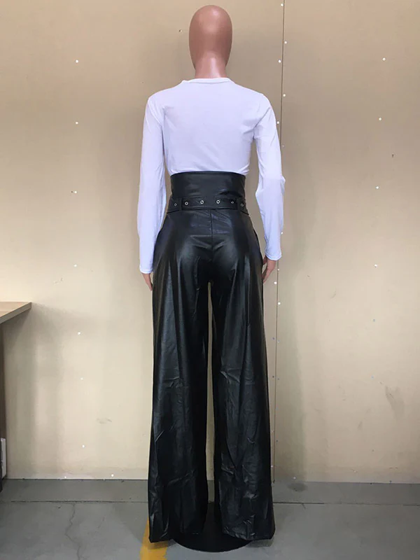 High Waisted Wide Leg Belted Solid Color Zipper Pants Trousers - Image 10