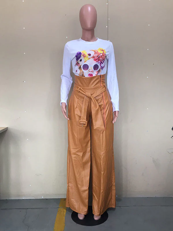 High Waisted Wide Leg Belted Solid Color Zipper Pants Trousers - Image 11