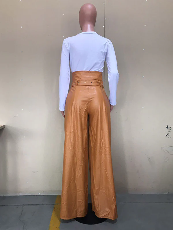 High Waisted Wide Leg Belted Solid Color Zipper Pants Trousers - Image 13