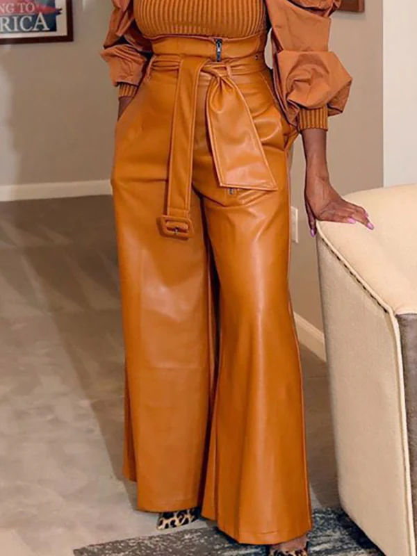 High Waisted Wide Leg Belted Solid Color Zipper Pants Trousers - Image 2