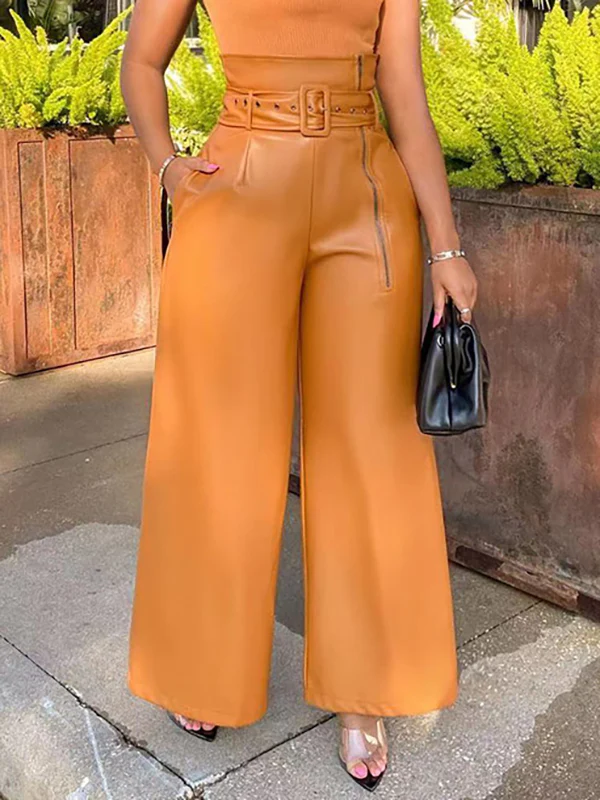 High Waisted Wide Leg Belted Solid Color Zipper Pants Trousers - Image 3