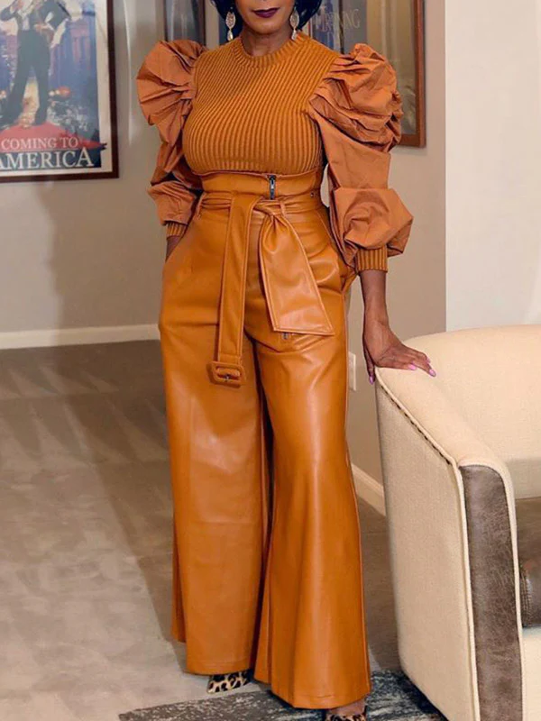 High Waisted Wide Leg Belted Solid Color Zipper Pants Trousers - Image 4