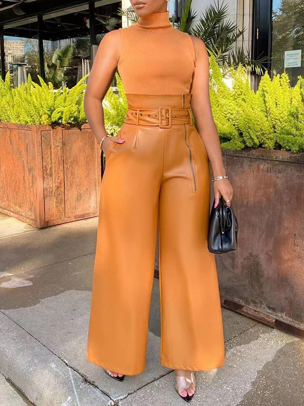 High Waisted Wide Leg Belted Solid Color Zipper Pants Trousers - Image 5