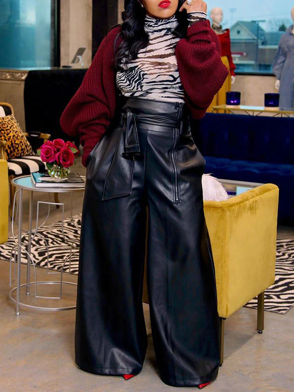 High Waisted Wide Leg Belted Solid Color Zipper Pants Trousers - Image 6