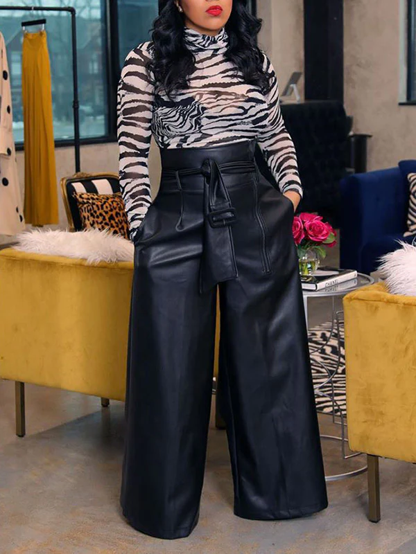High Waisted Wide Leg Belted Solid Color Zipper Pants Trousers - Image 7