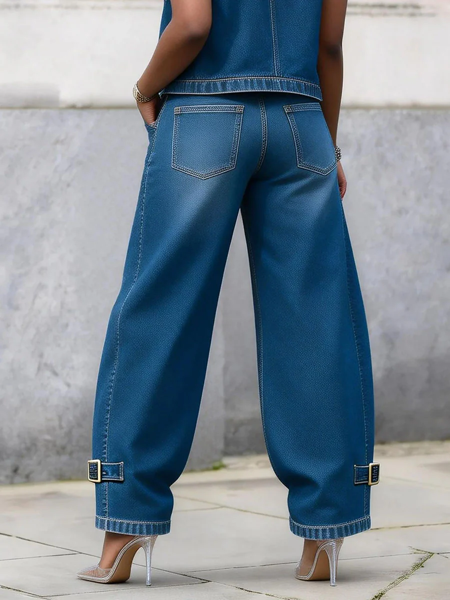 High Waisted Wide Leg Buckle Pockets Solid Color Jean Pants Bottoms - Image 2