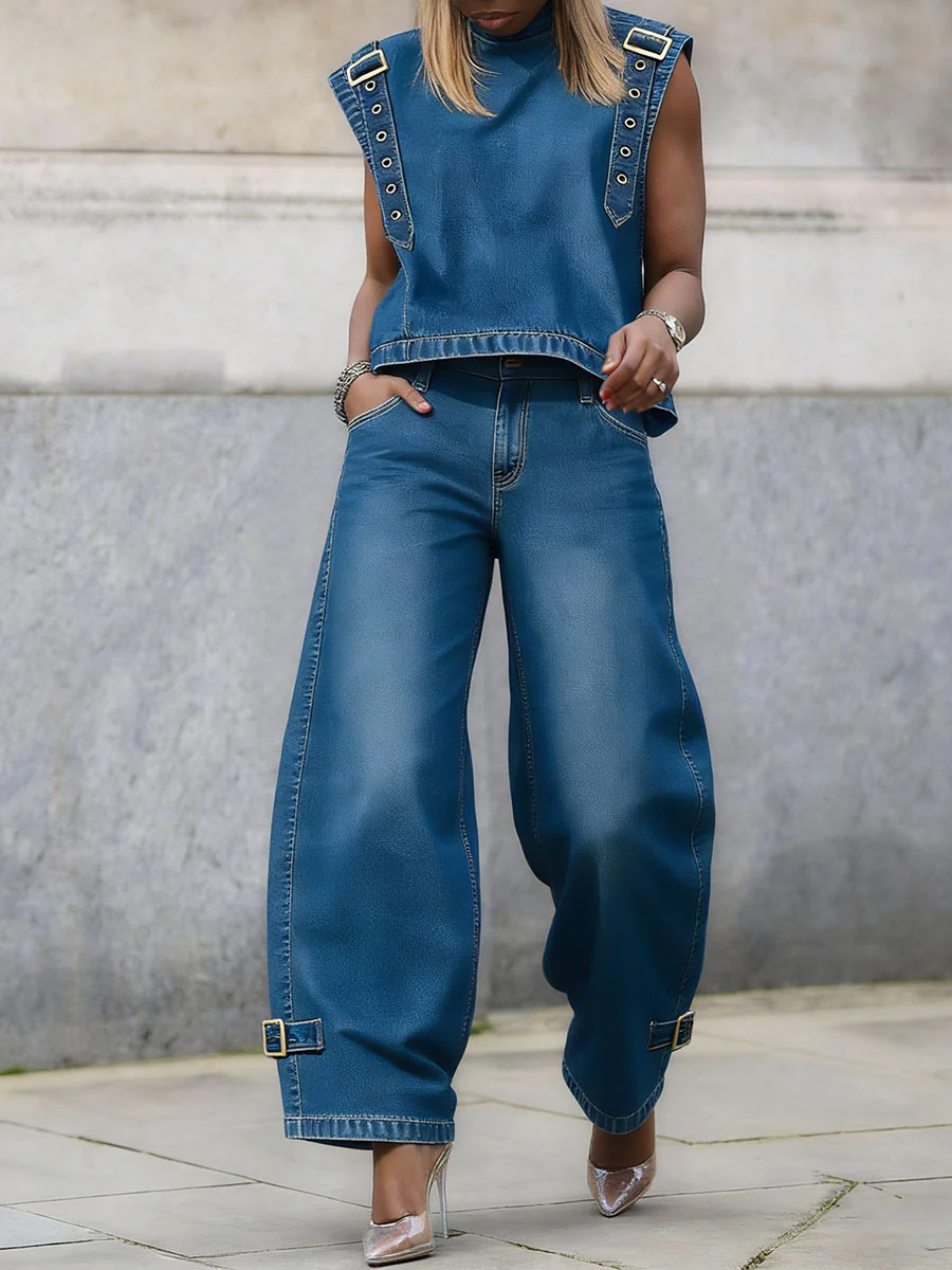 High Waisted Wide Leg Buckle Pockets Solid Color Jean Pants Bottoms - Image 3