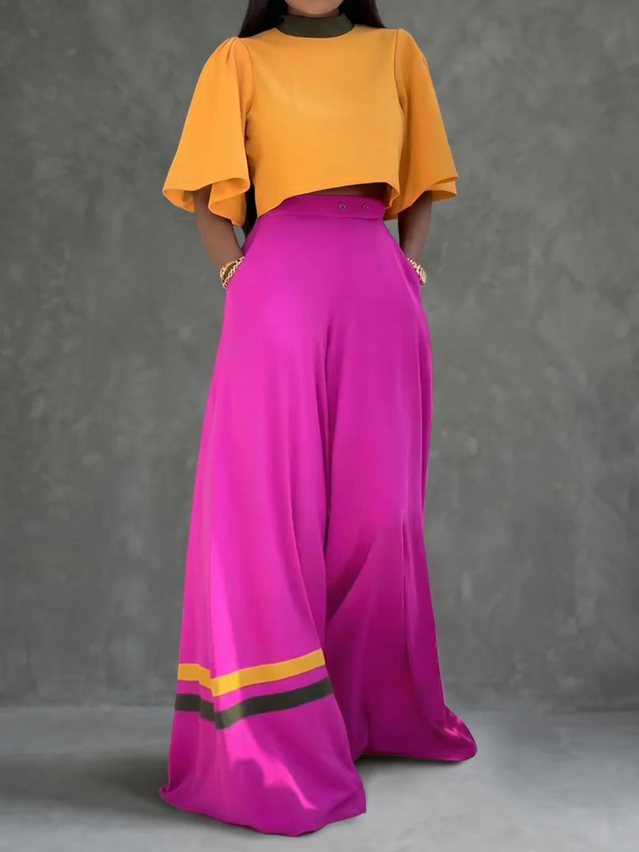 High Waisted Wide Leg Buttoned Contrast Color Pockets Pants Trousers - Image 2