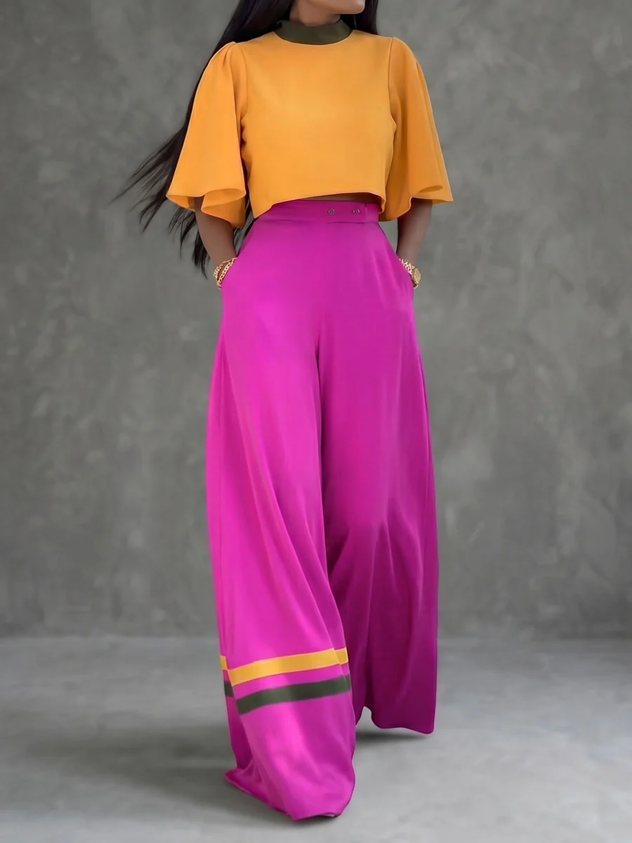 High Waisted Wide Leg Buttoned Contrast Color Pockets Pants Trousers - Image 3