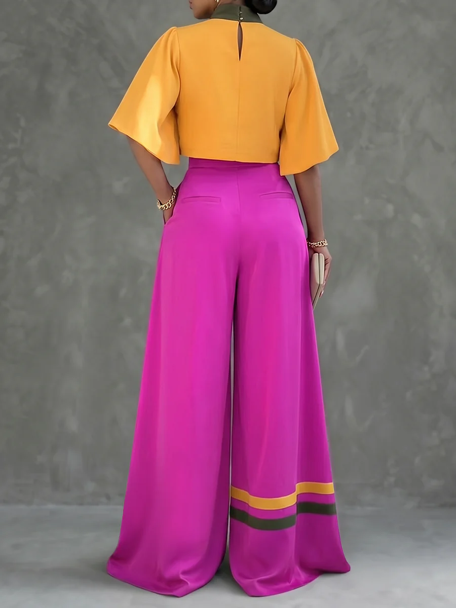 High Waisted Wide Leg Buttoned Contrast Color Pockets Pants Trousers - Image 5