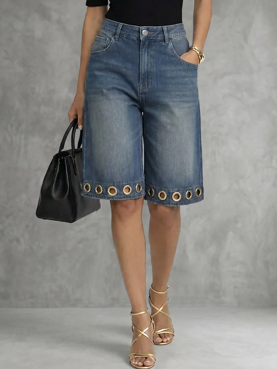 High Waisted Wide Leg Buttoned Hollow Pockets Solid Color Split-Joint Jean Pants Bottoms Shorts Bottoms