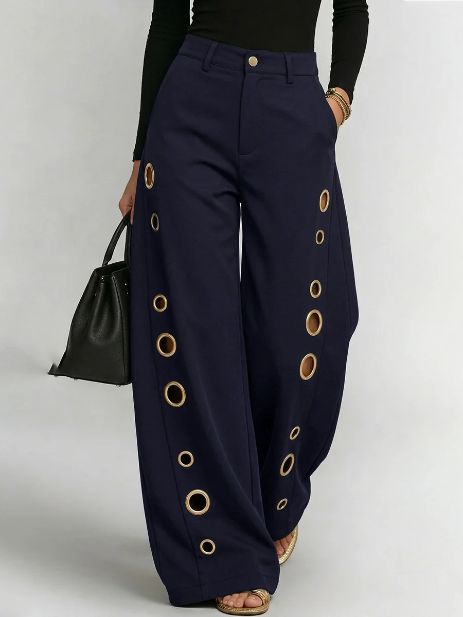 High Waisted Wide Leg Buttoned Hollow Pockets Solid Color Split-Joint Pants Trousers - Image 2