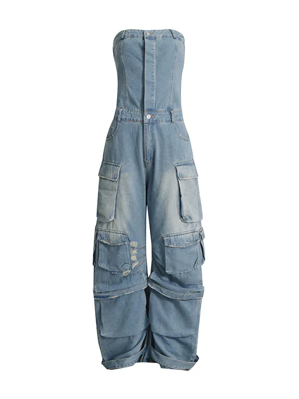 High Waisted Wide Leg Buttoned Hollow Pockets Split-Joint Tube Jumpsuits - Image 2