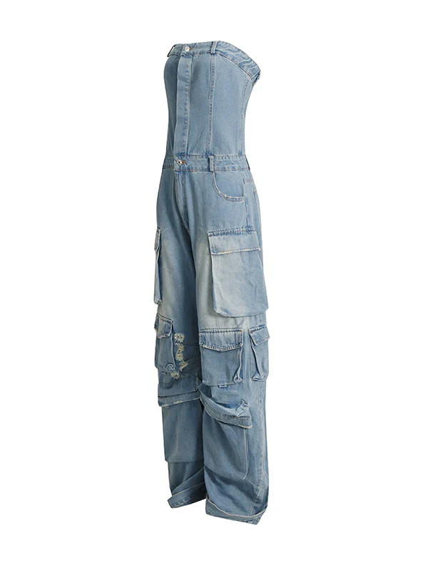 High Waisted Wide Leg Buttoned Hollow Pockets Split-Joint Tube Jumpsuits - Image 3