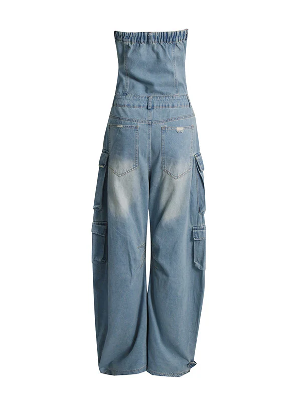 High Waisted Wide Leg Buttoned Hollow Pockets Split-Joint Tube Jumpsuits - Image 4