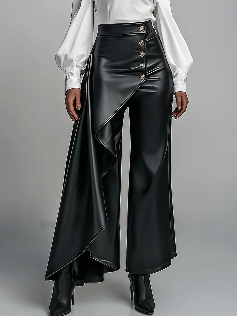 High Waisted Wide Leg Buttoned Pleated Solid Color Split-Joint Zipper Pants Trousers