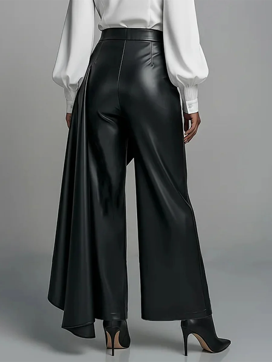 High Waisted Wide Leg Buttoned Pleated Solid Color Split-Joint Zipper Pants Trousers - Image 2