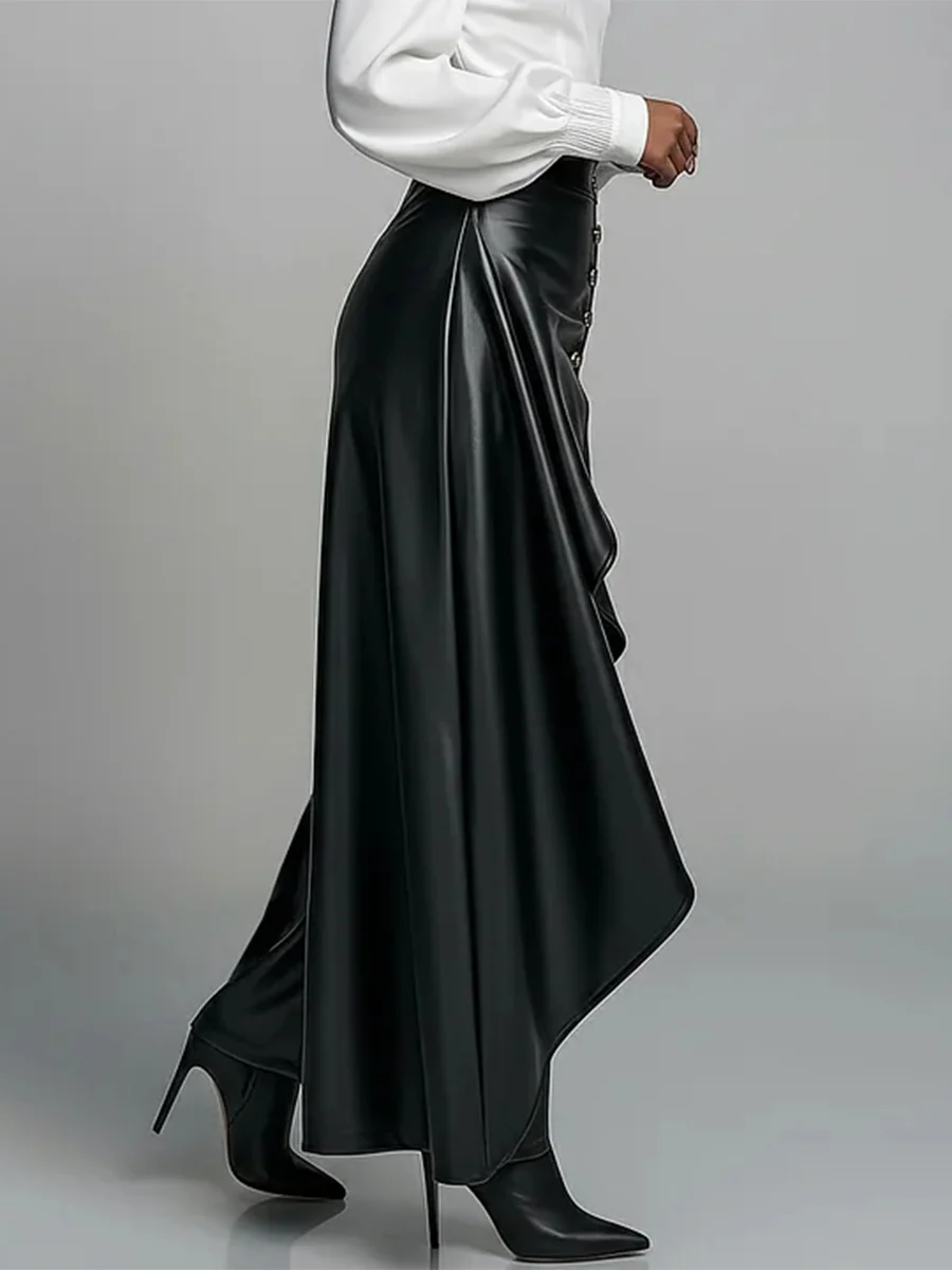 High Waisted Wide Leg Buttoned Pleated Solid Color Split-Joint Zipper Pants Trousers - Image 3
