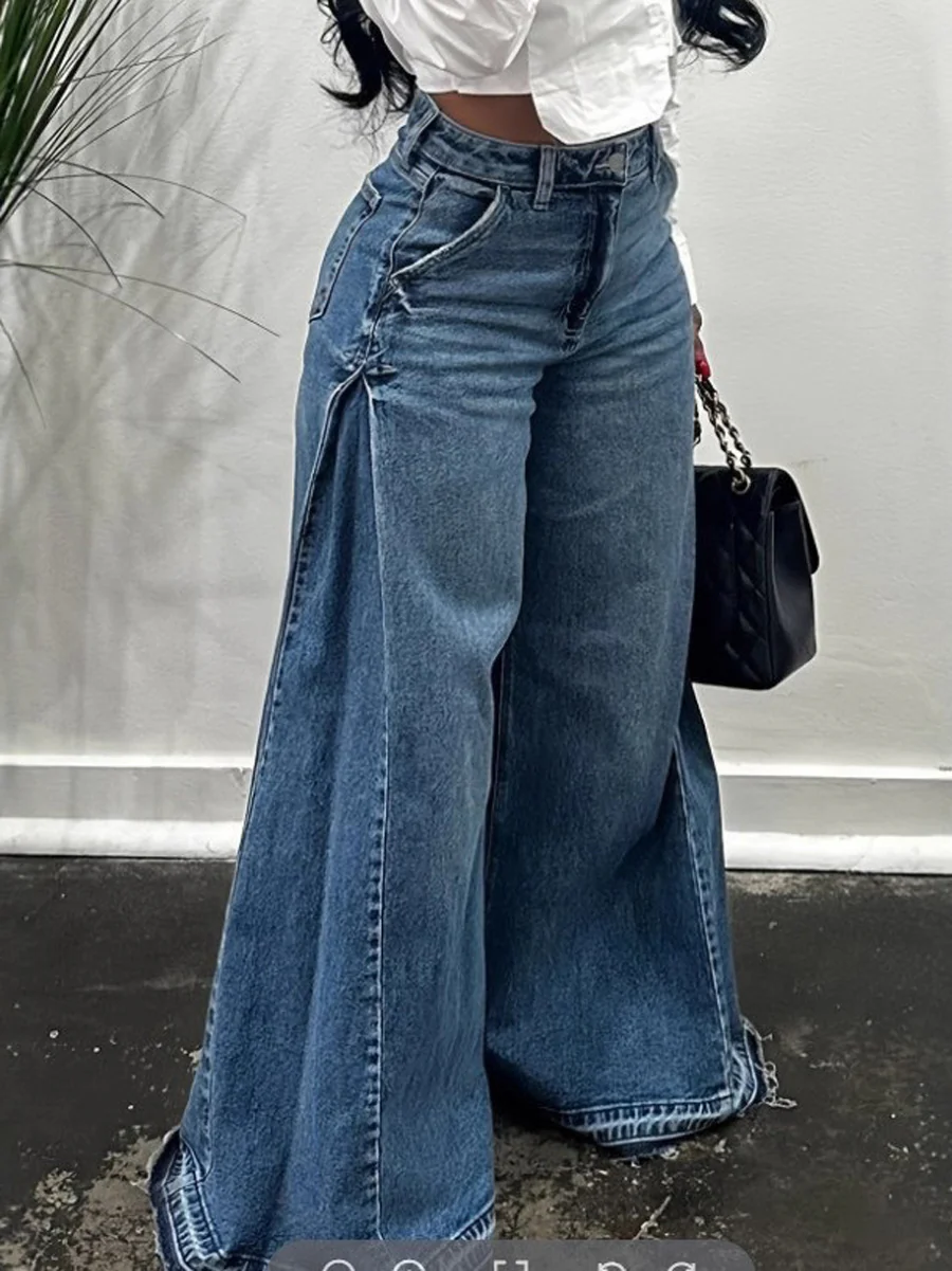 High Waisted Wide Leg Buttoned Pockets Jean Pants Bottoms - Image 2