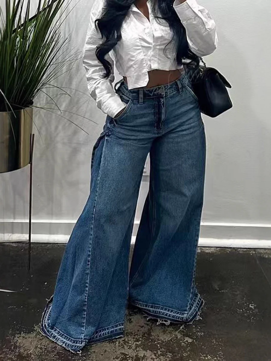 High Waisted Wide Leg Buttoned Pockets Jean Pants Bottoms - Image 3