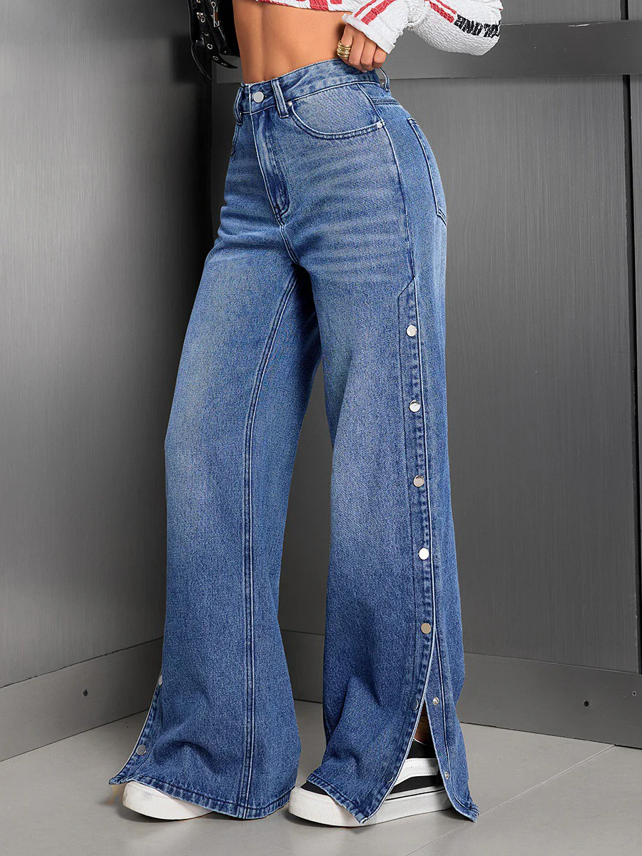 High Waisted Wide Leg Buttoned Pockets Solid Color Jean Pants Bottoms - Image 2