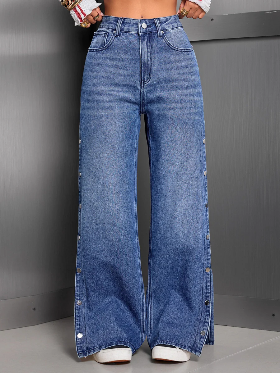 High Waisted Wide Leg Buttoned Pockets Solid Color Jean Pants Bottoms - Image 3