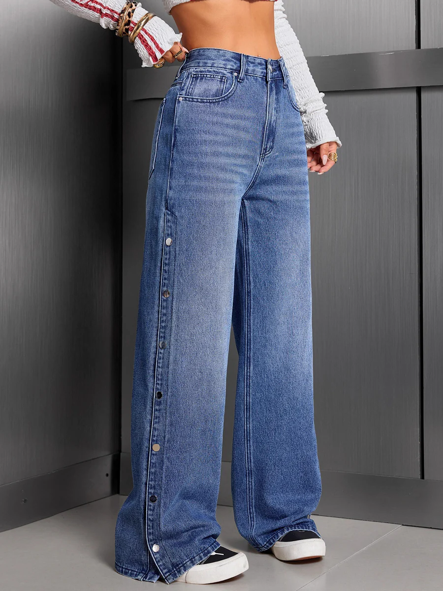 High Waisted Wide Leg Buttoned Pockets Solid Color Jean Pants Bottoms - Image 4