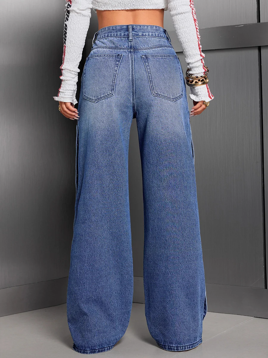 High Waisted Wide Leg Buttoned Pockets Solid Color Jean Pants Bottoms - Image 5