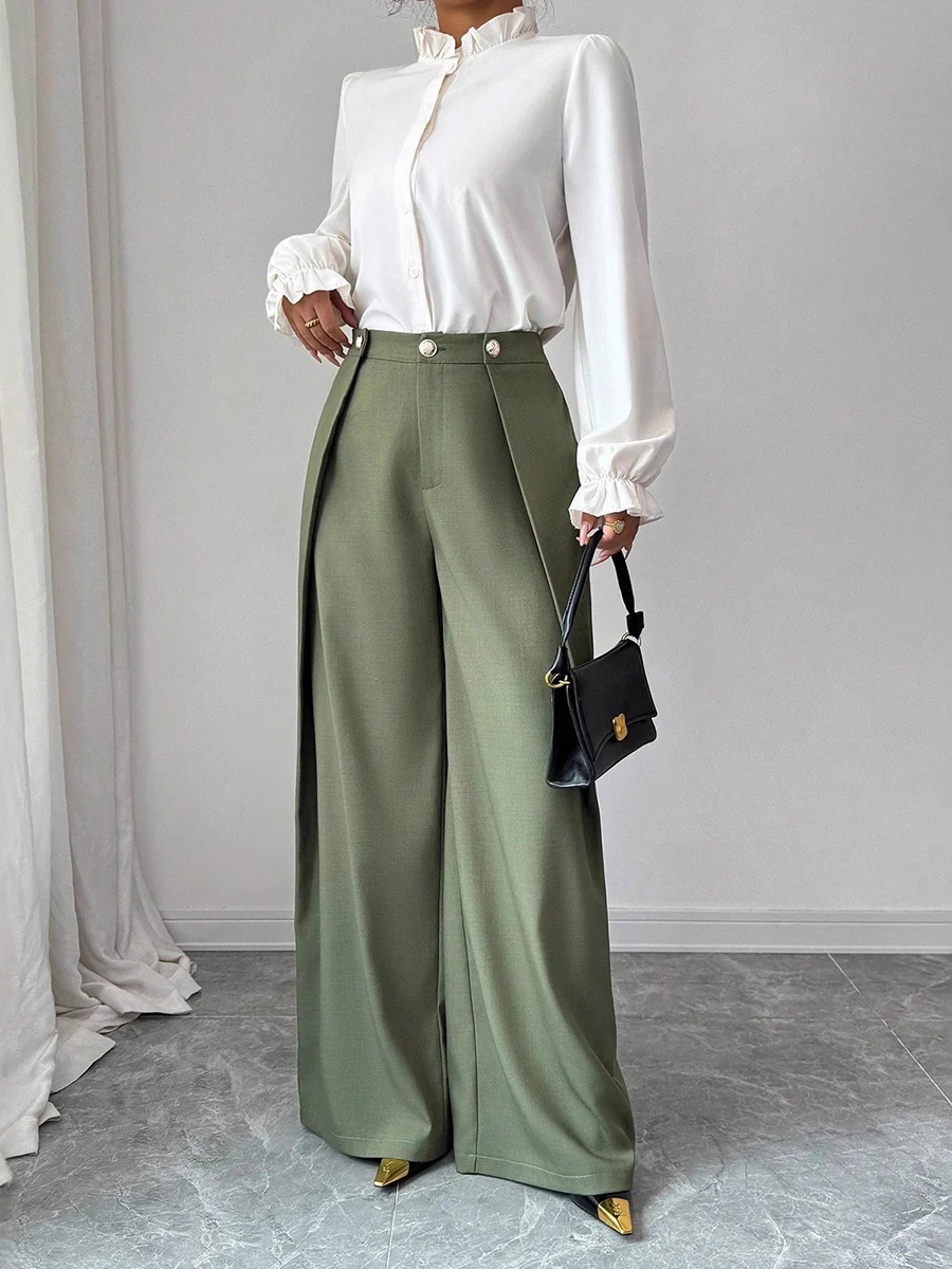 High Waisted Wide Leg Buttoned Solid Color Pants Trousers - Image 2