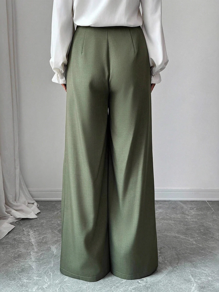 High Waisted Wide Leg Buttoned Solid Color Pants Trousers - Image 3