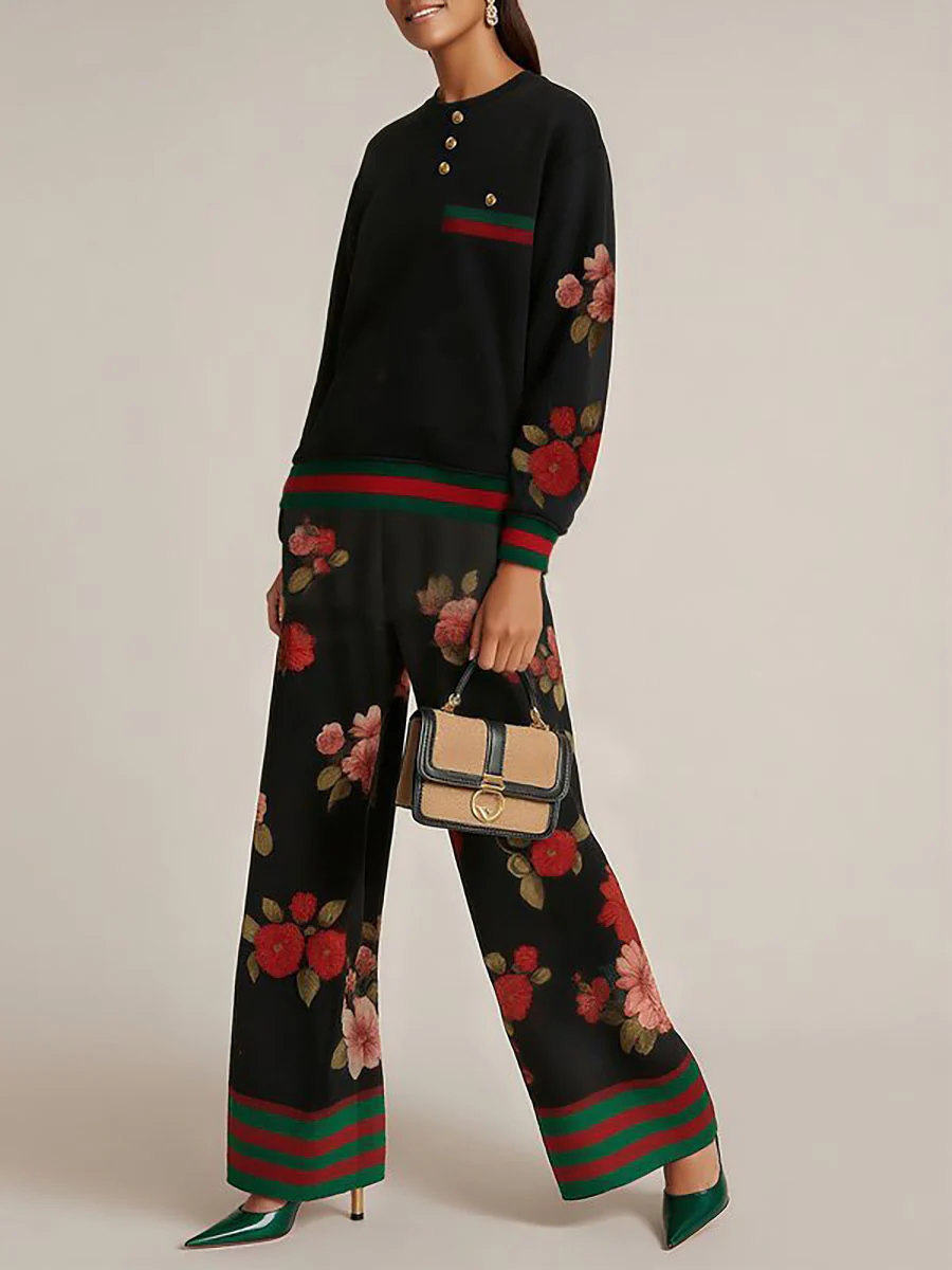 High Waisted Wide Leg Contrast Color Flower Print Pockets Split-Joint Pants Trousers - Image 2