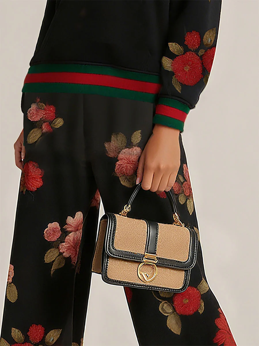 High Waisted Wide Leg Contrast Color Flower Print Pockets Split-Joint Pants Trousers - Image 3