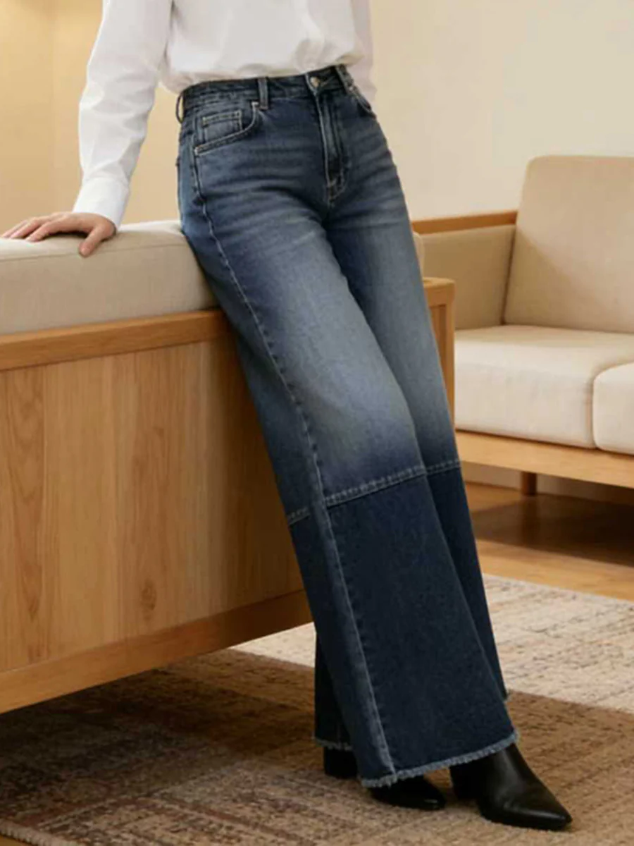 High Waisted Wide Leg Contrast Color Fringed Split-Joint Jean Pants Bottoms - Image 2