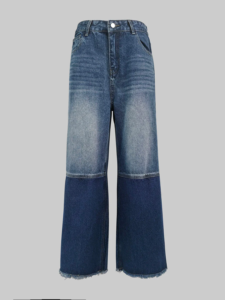 High Waisted Wide Leg Contrast Color Fringed Split-Joint Jean Pants Bottoms - Image 7