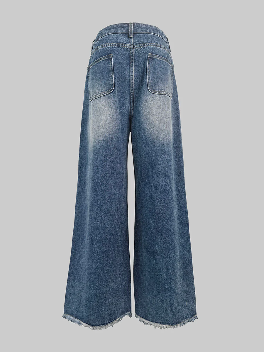 High Waisted Wide Leg Contrast Color Fringed Split-Joint Jean Pants Bottoms - Image 8