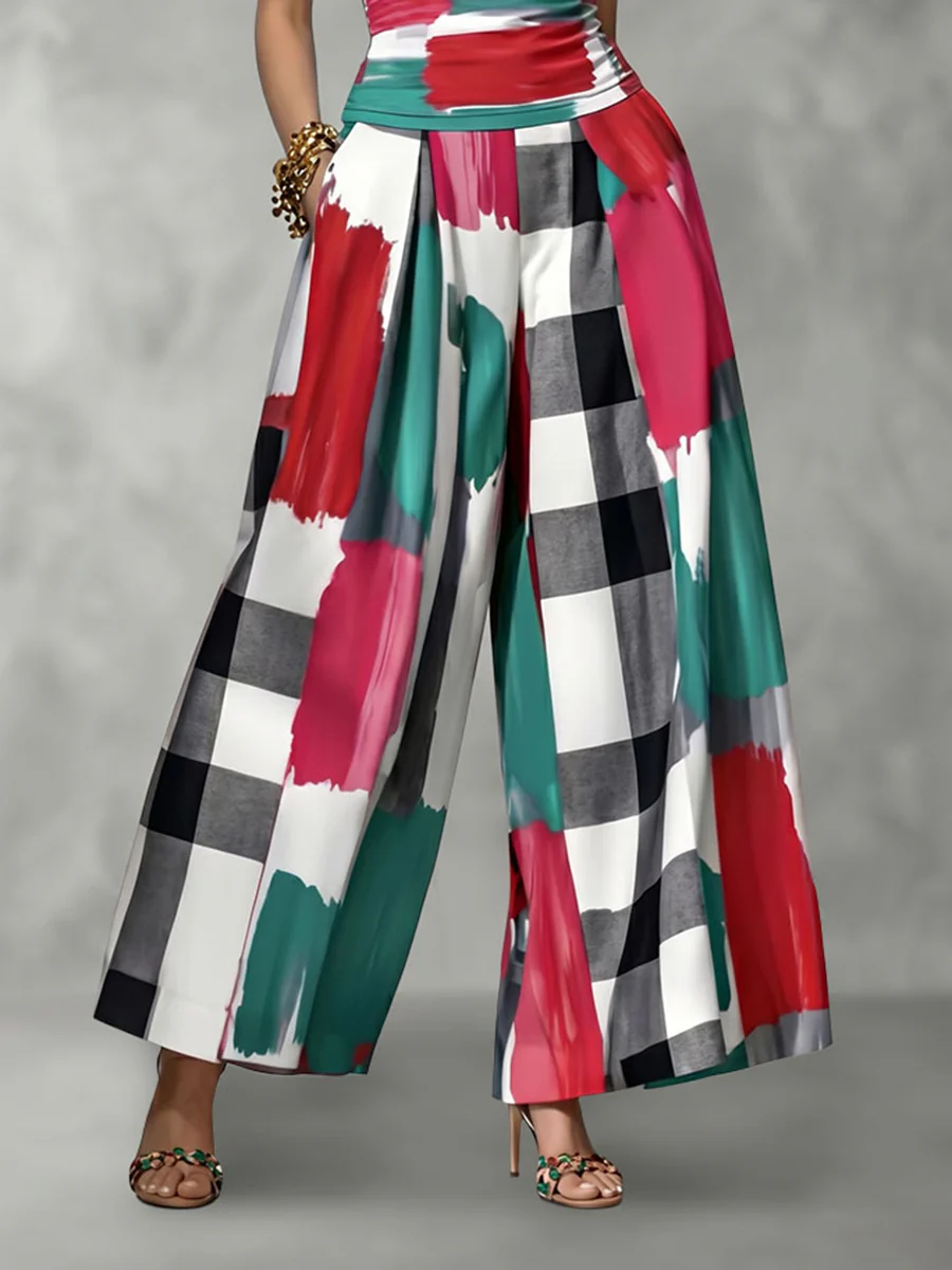 High Waisted Wide Leg Contrast Color Plaid Pleated Pockets Split-Joint Pants Trousers