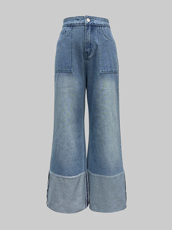 High Waisted Wide Leg Contrast Color Pockets Jean Pants Bottoms - Image 3