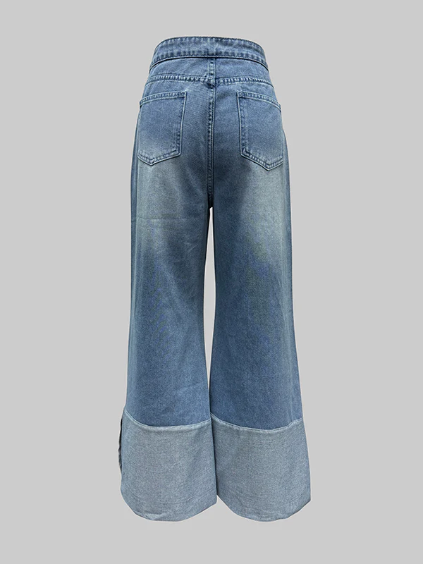High Waisted Wide Leg Contrast Color Pockets Jean Pants Bottoms - Image 4