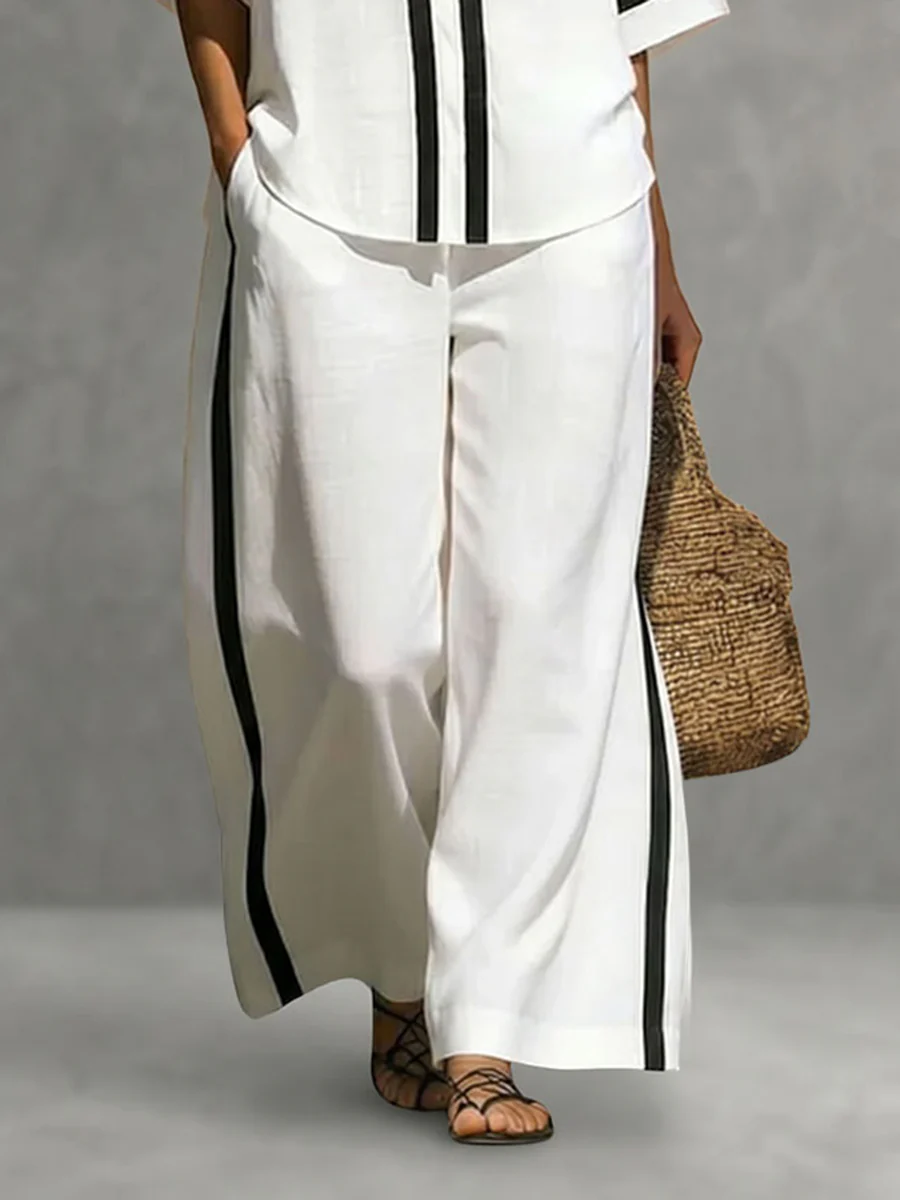 High Waisted Wide Leg Contrast Color Pockets Pants Trousers