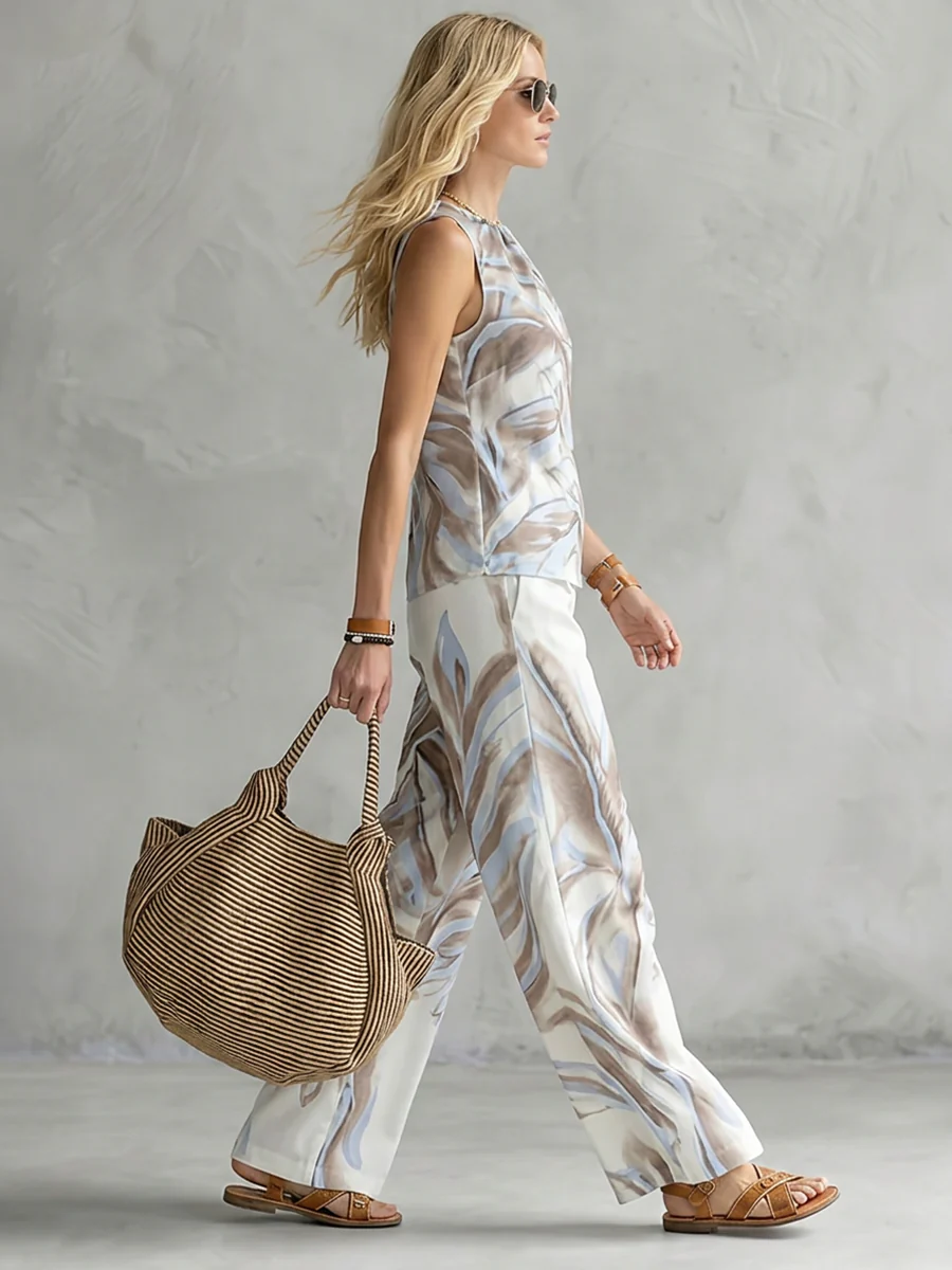 High Waisted Wide Leg Contrast Color Pockets Printed Casual Pants Bottoms Trousers - Image 3