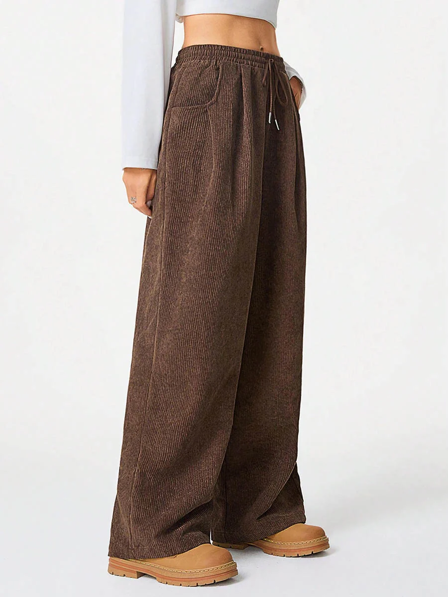 High Waisted Wide Leg Drawstring Elasticity Pockets Solid Color Pants Trousers - Image 10