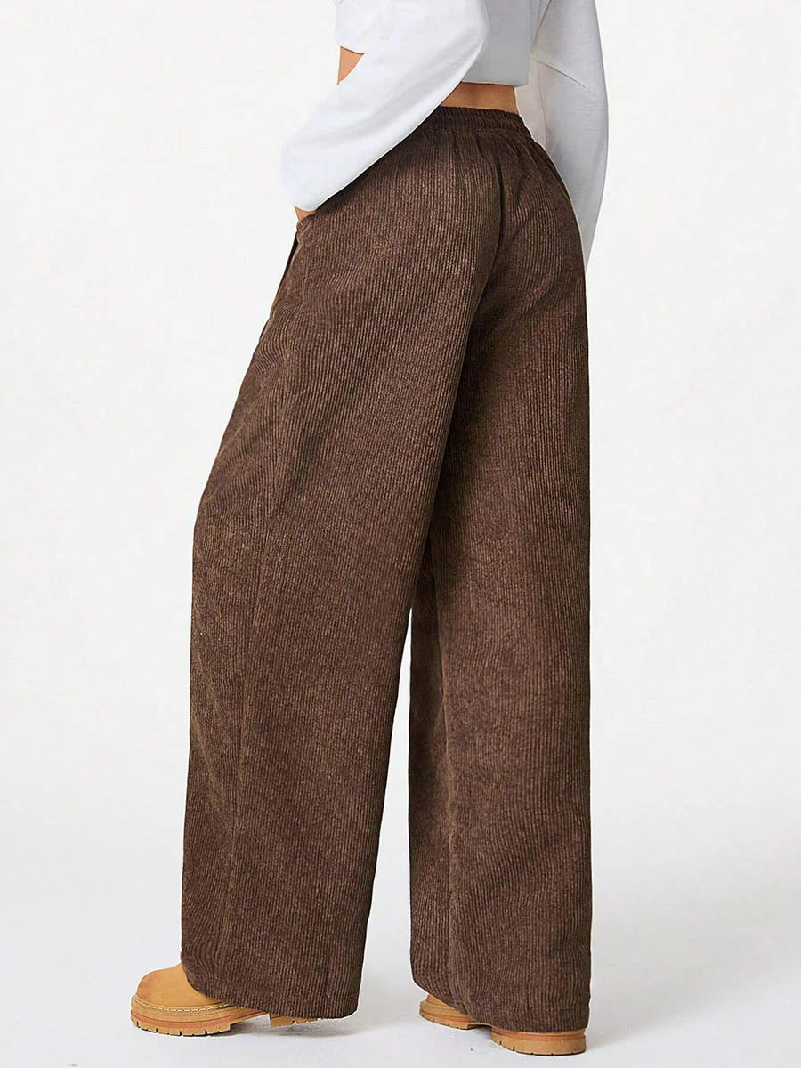 High Waisted Wide Leg Drawstring Elasticity Pockets Solid Color Pants Trousers - Image 11