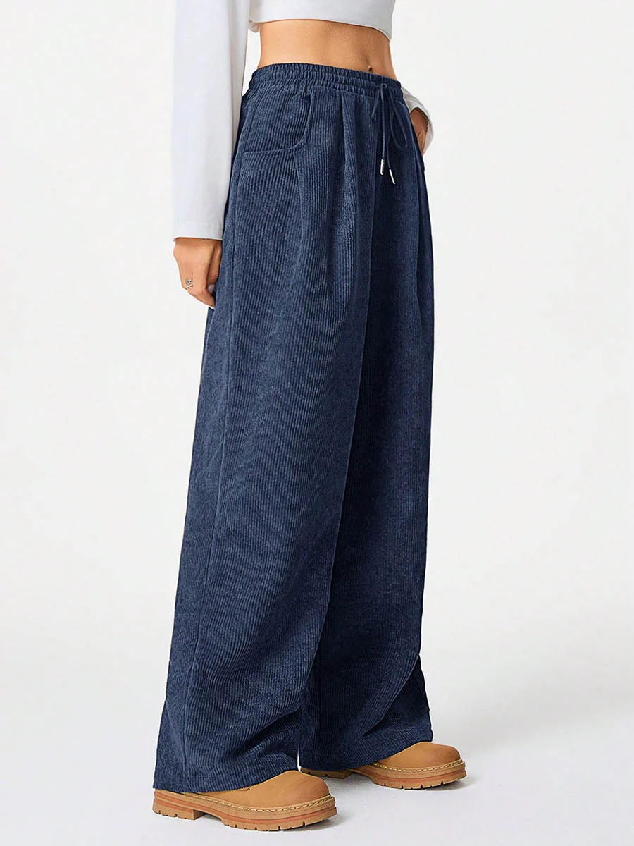 High Waisted Wide Leg Drawstring Elasticity Pockets Solid Color Pants Trousers - Image 12