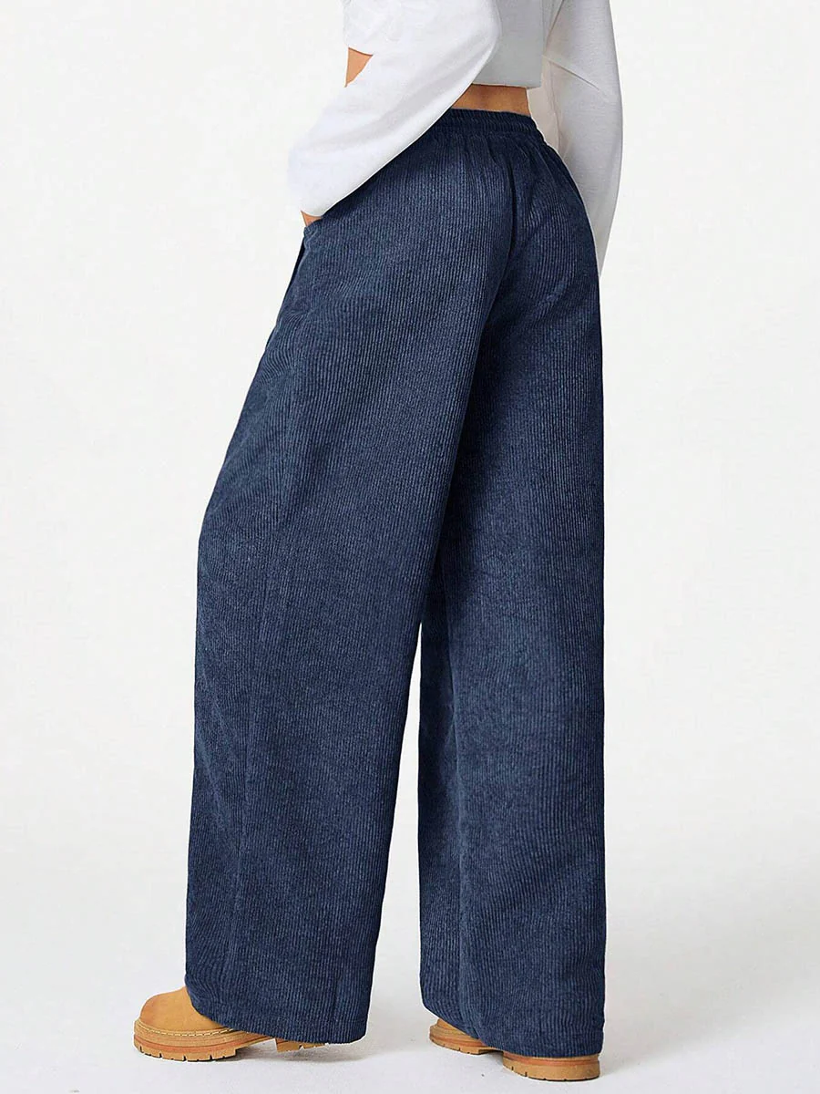High Waisted Wide Leg Drawstring Elasticity Pockets Solid Color Pants Trousers - Image 13