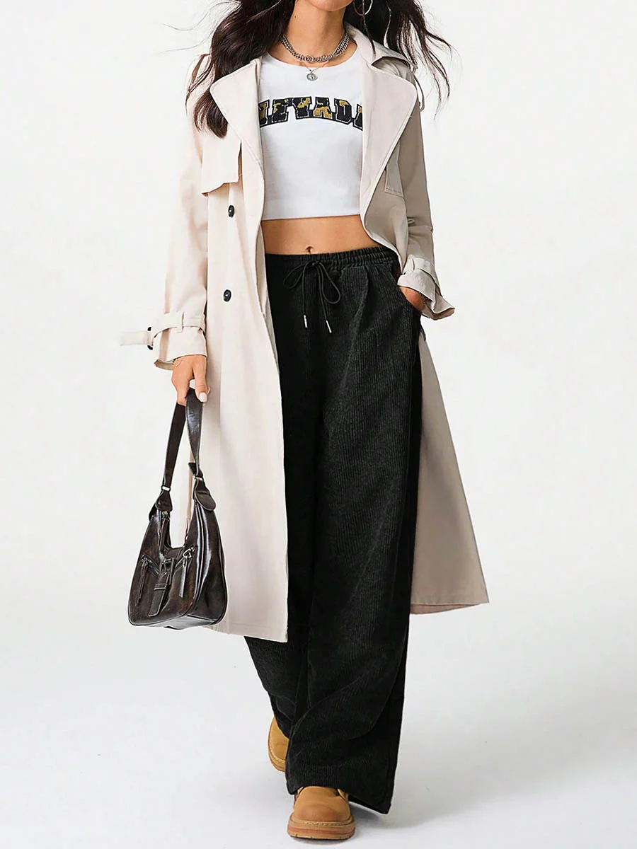 High Waisted Wide Leg Drawstring Elasticity Pockets Solid Color Pants Trousers - Image 14