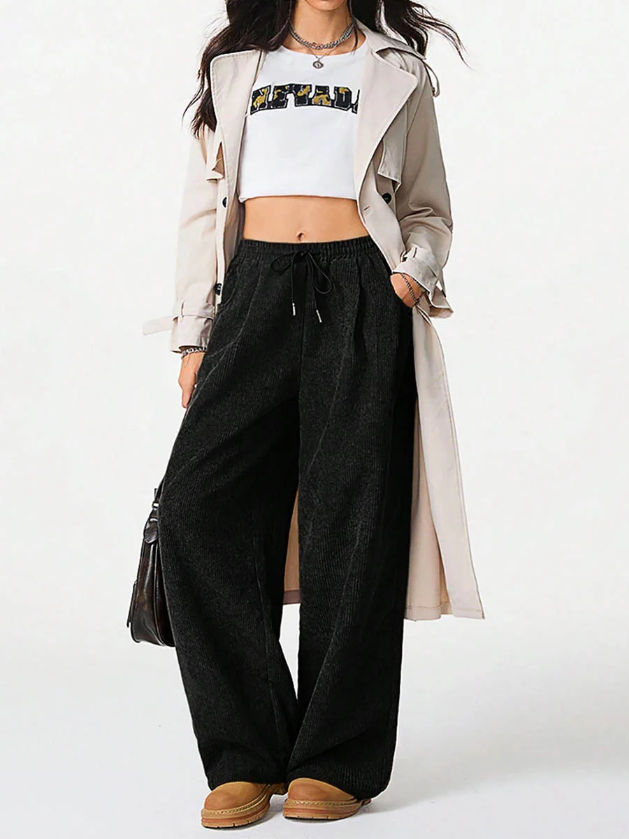 High Waisted Wide Leg Drawstring Elasticity Pockets Solid Color Pants Trousers - Image 15
